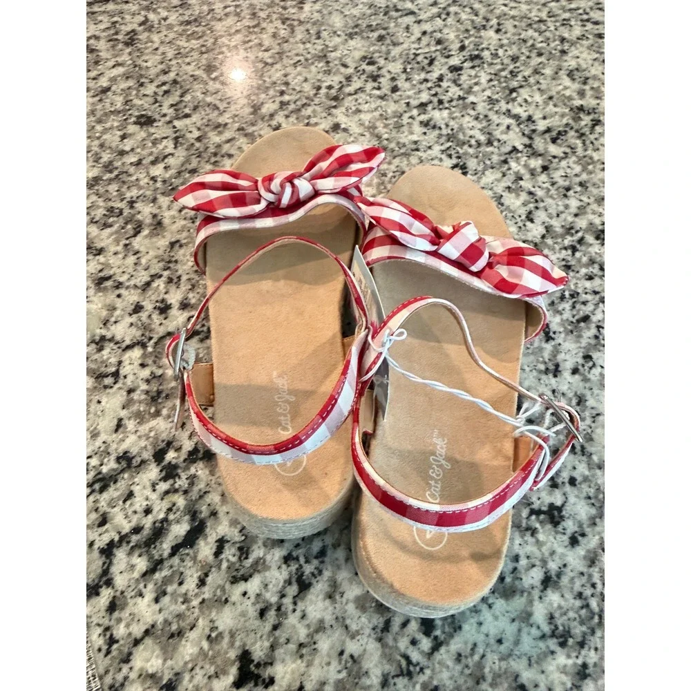 Cat & Jack Girls Red Gingham Espadrille Platform Sandals Bow Ankle Strap Size 4